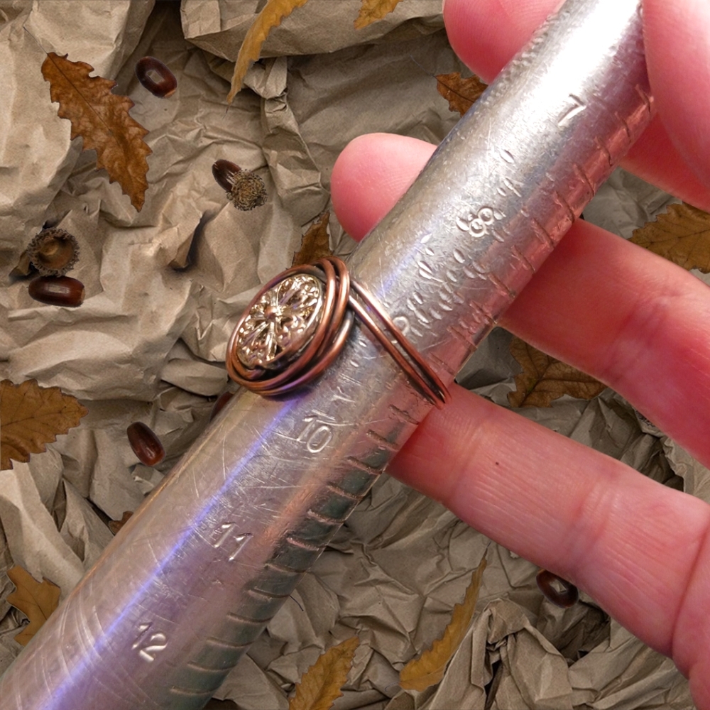 Artisan Copper Wire Wrap Ring with Silver Filigree Bead – Oxidized Finish - Picture 5 of 5